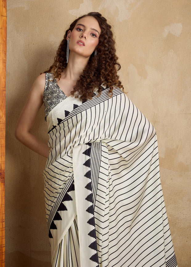 Black And White Printed Satin Silk Saree