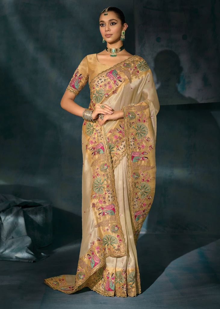 Cream Embroidered Designer Tissue Saree