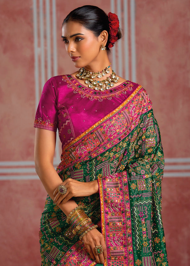 Forest Green Embroidered Designer Saree