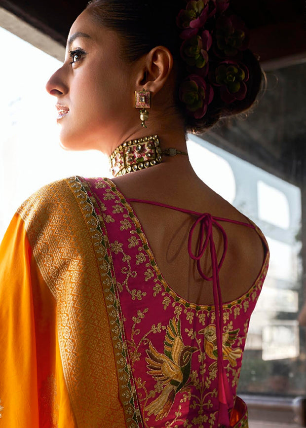 “Exclusive Offer” : Zinnia Orange Woven Embroidered Banarasi Silk Saree