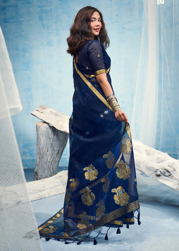 Midnight Blue Woven Cotton Silk Saree
