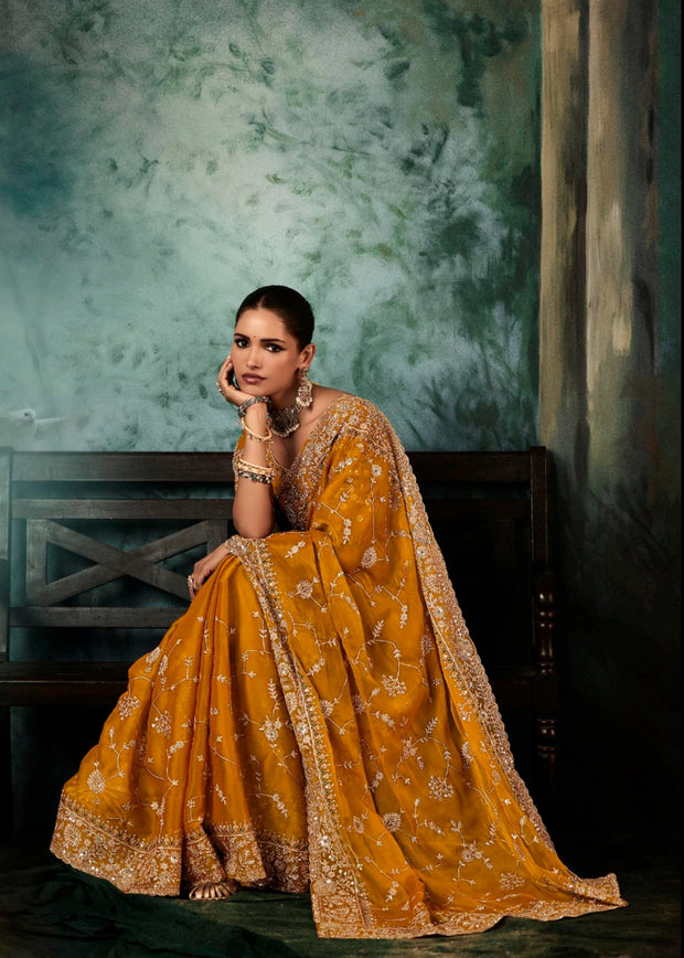 Marigold Yellow Designer Embroidered Saree