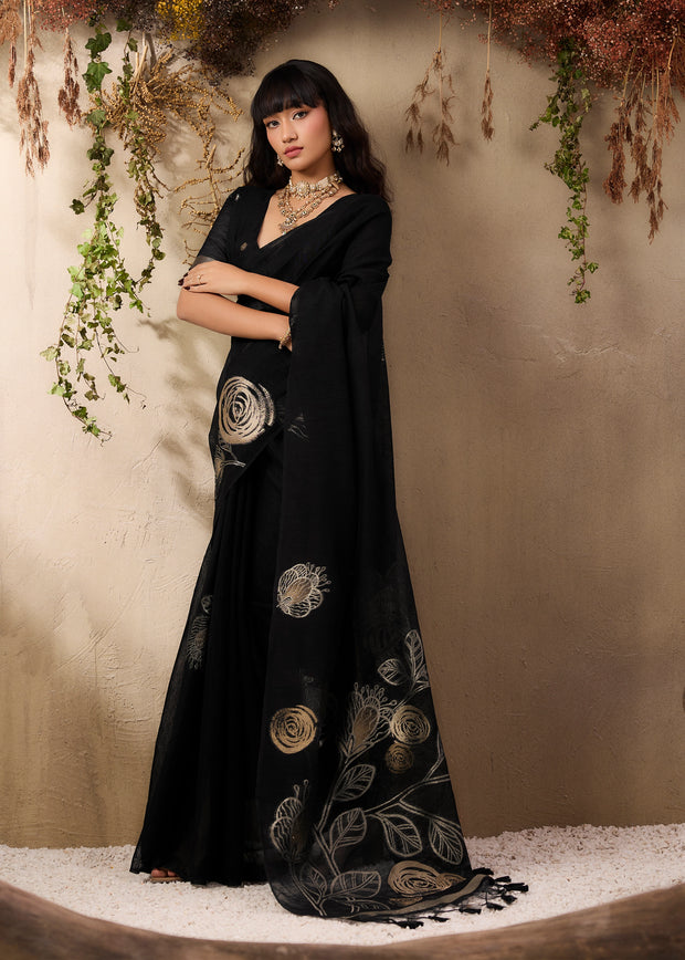 Phantom Black Woven Soft Silk Saree