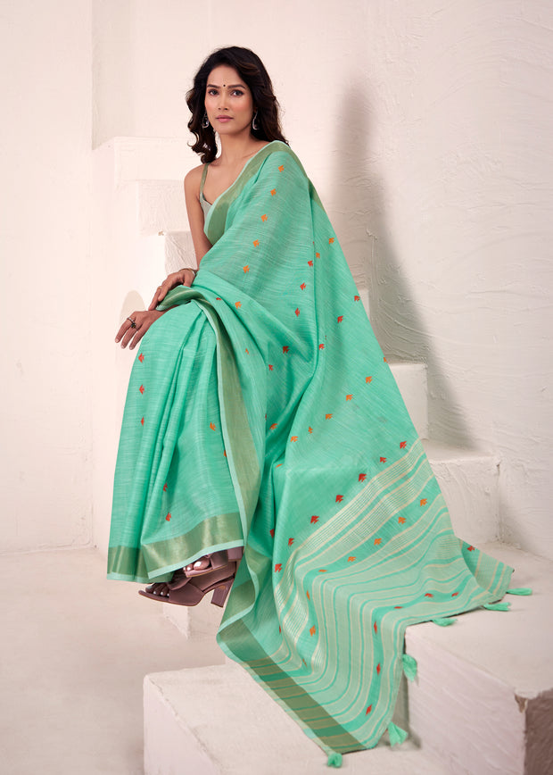 Mint Green Woven Linen Silk Saree