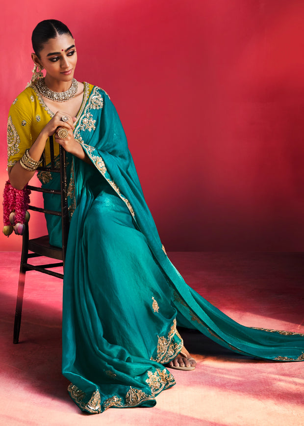 Peacock Blue Embroidered Soft Silk Saree With Contrast Blouse