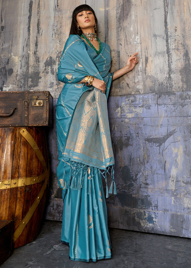 River Blue Woven Banarasi Satin Silk Saree