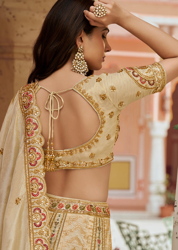 Beige Banarasi Silk Embroidered Lehenga