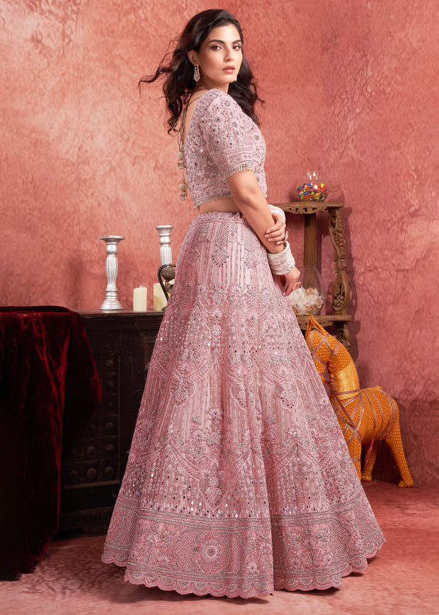 Blushing Pink Net Embroidered Bridal Lehenga