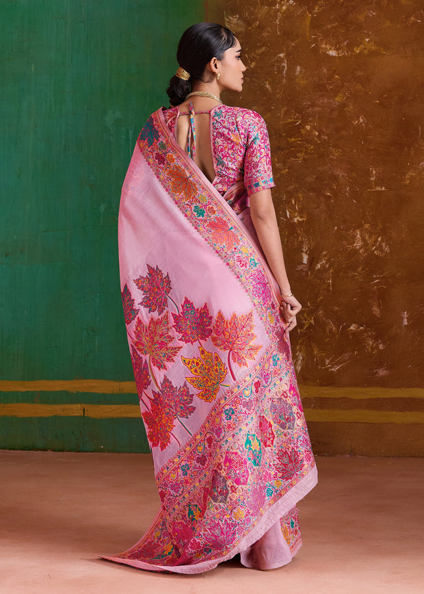 Powder Pink Woven Cotton Kashmiri Jamewar Saree