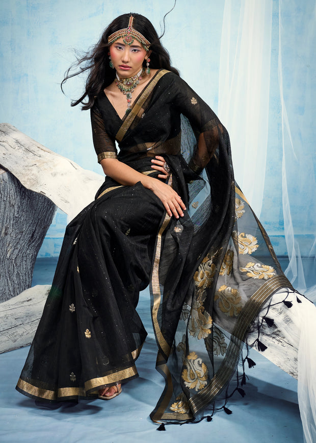 Pirate Black Woven Cotton Silk Saree