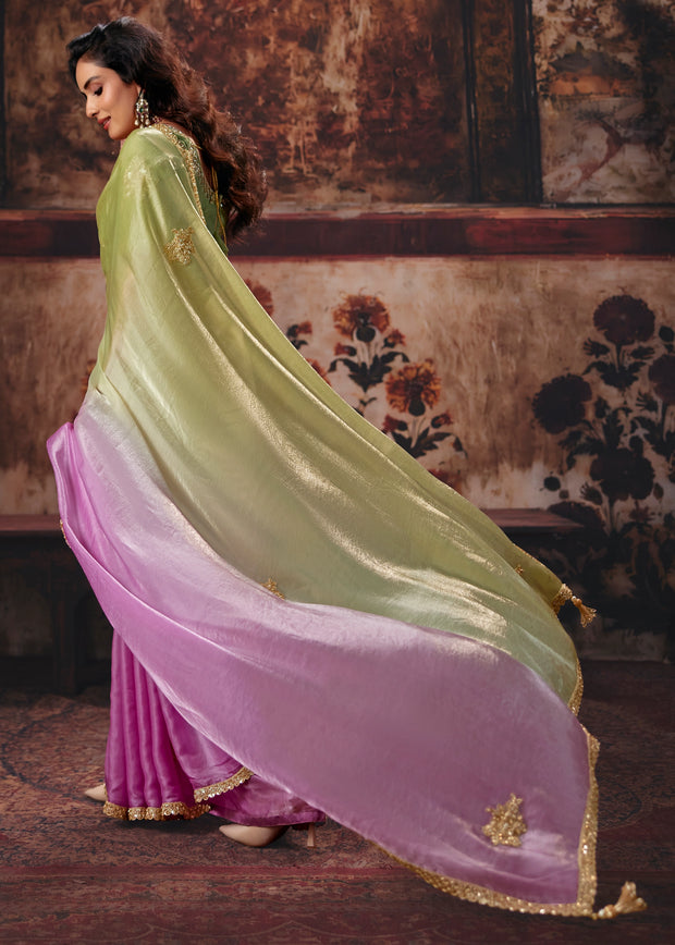 Green And Pink Ombre Designer Satin Silk Saree With Embroidered Blouse