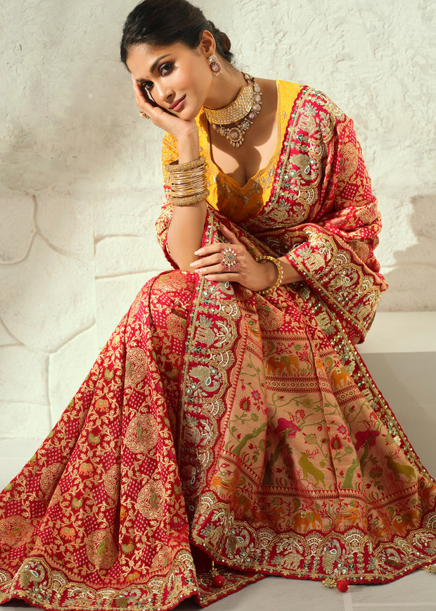 Red Embroidered Georgette Bandhej Saree
