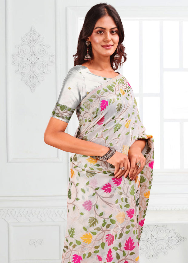 Moon White Woven Linen Cotton Silk Saree