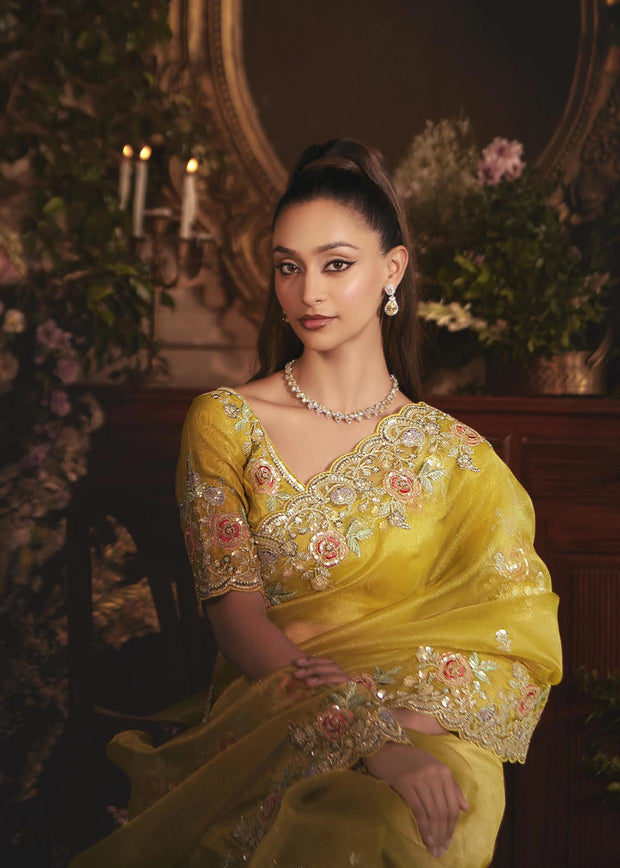 Mimosa Yellow Designer Tissue Organza  Saree
