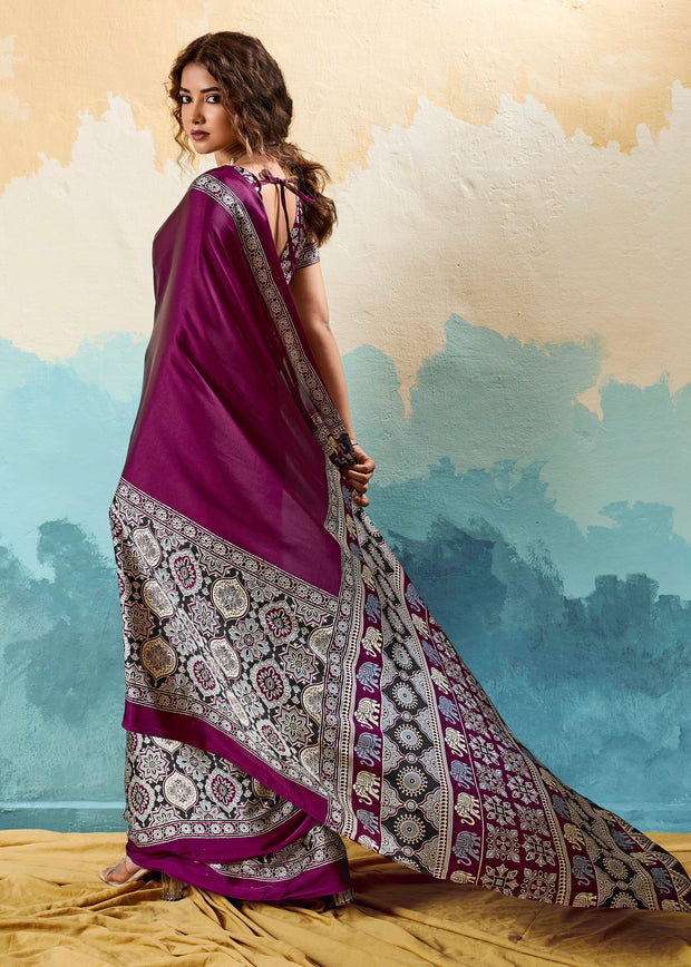 Wine Purple Printed Satin Silk Saree