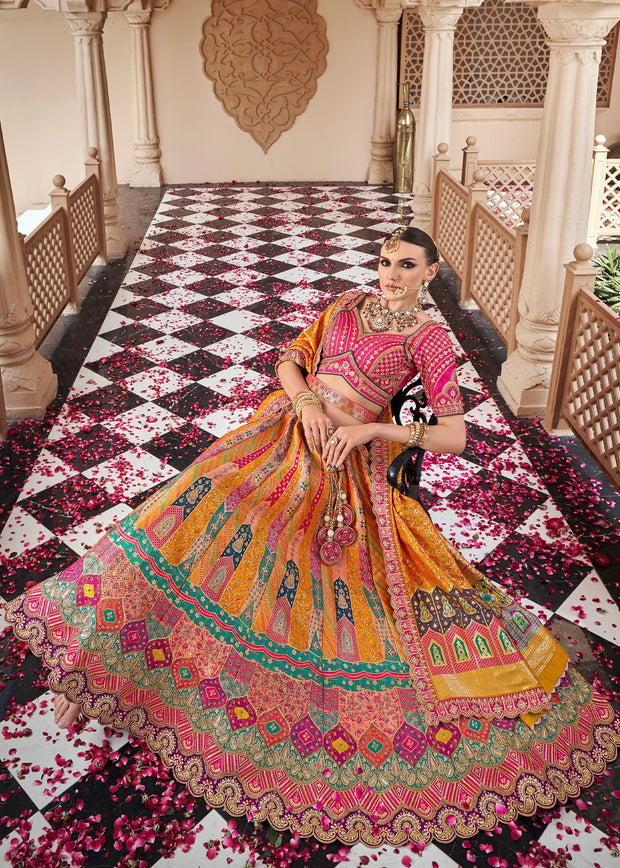 Pink & Yellow Banarasi Silk Embroidered Lehenga