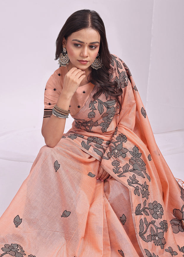 Salmon Peach Woven Cotton Linen Silk Saree