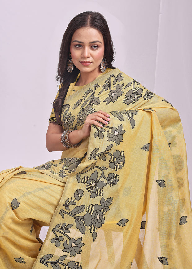 Vanilla Yellow Woven Cotton Linen Silk Saree