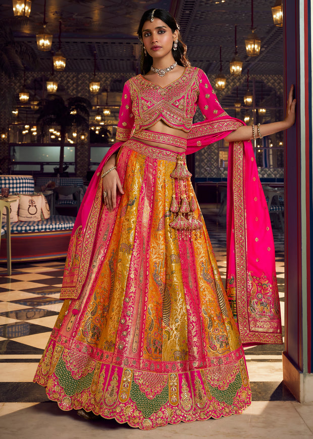 Pink And Golden Heavy Banarasi Designer Lehenga