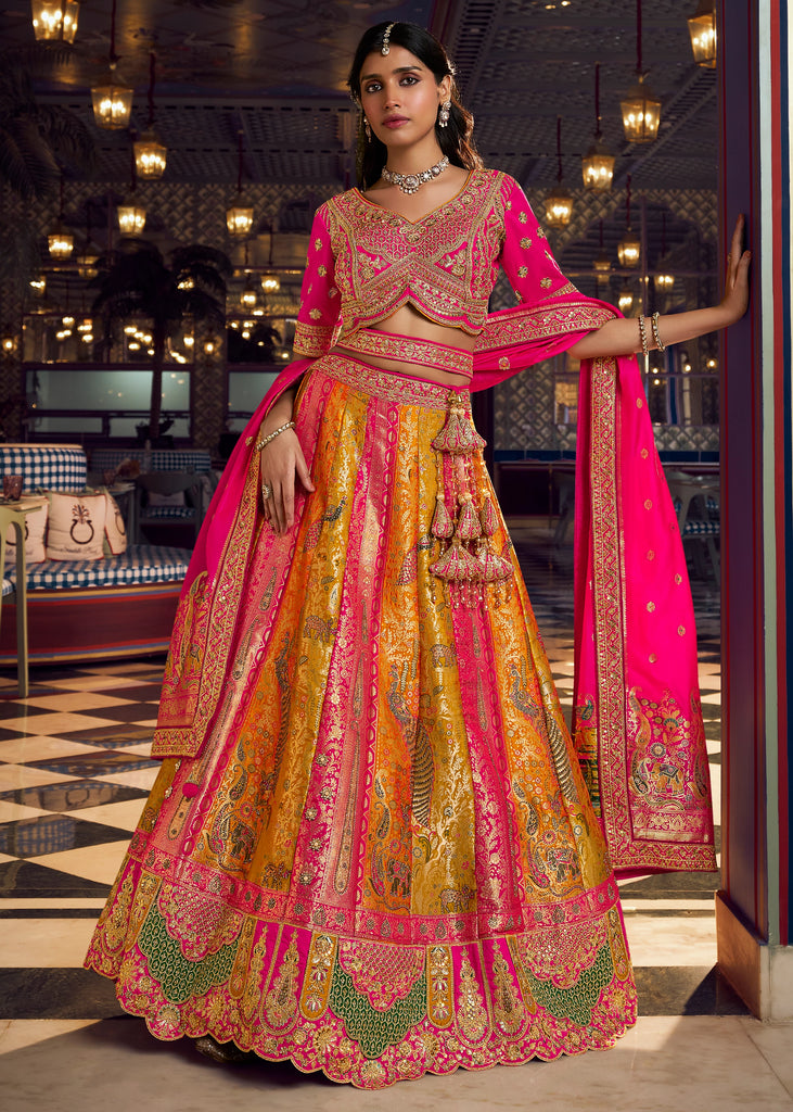 Pink And Golden Heavy Banarasi Designer Lehenga