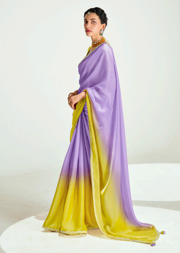 Lavender yellow ombre tissue saree with embroidered blouse