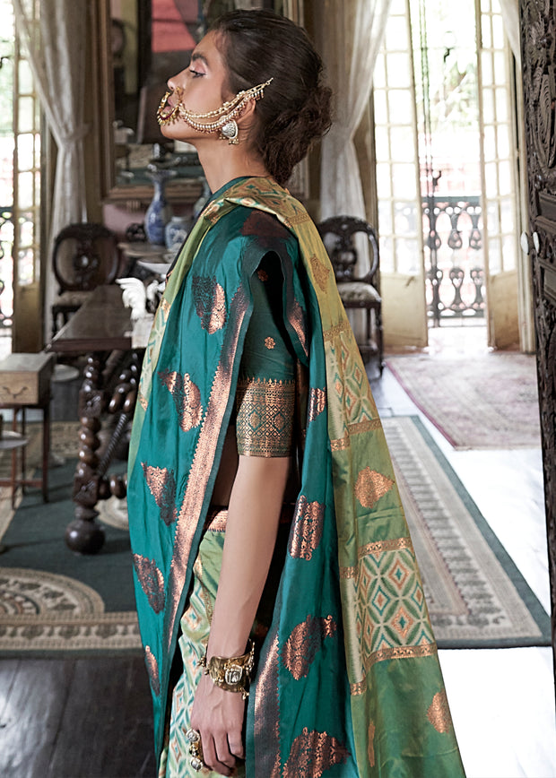 Emerald & Sage Green Dual Tone Bronze Zari Woven Banarasi Silk Saree
