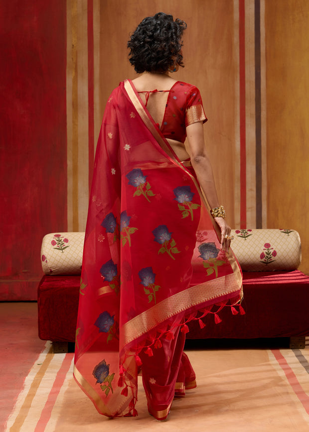 Cherry Red Woven Cotton Organza Saree