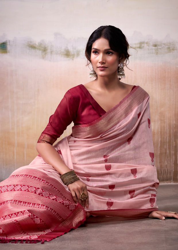 Blush Pink Woven Banarasi Cotton Silk Saree