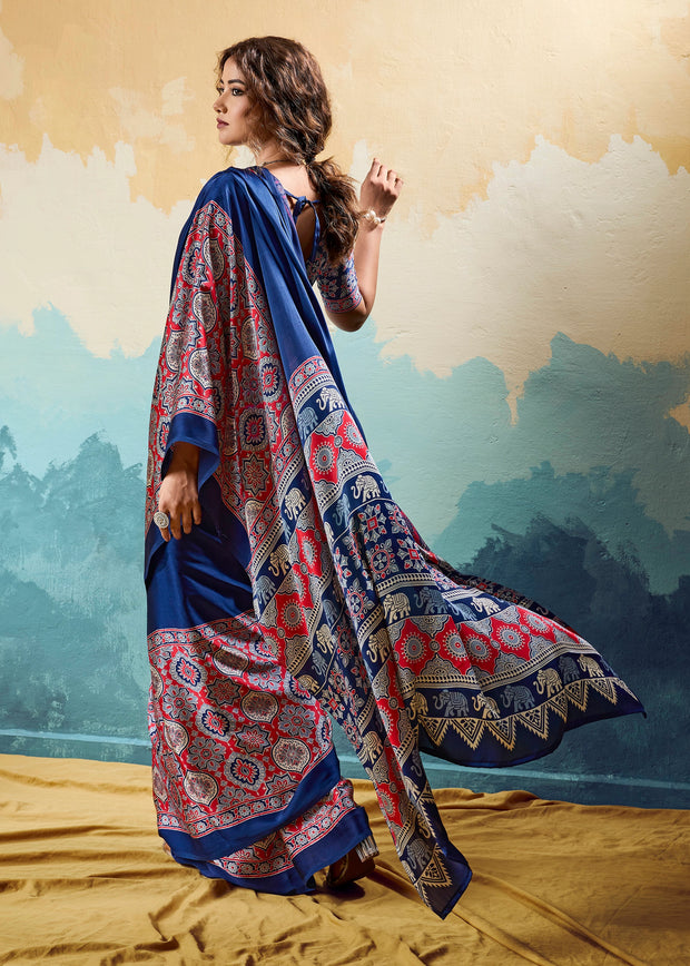 Nautical Blue Printed Satin Silk Saree