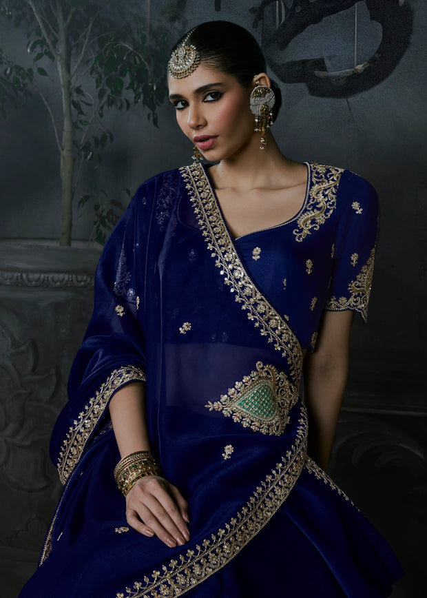 Navy Blue Embroidered Designer Saree