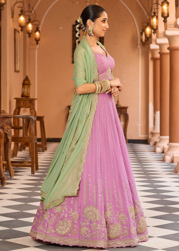 Pink Tissue Embroidered Semi-Stitched Lehenga