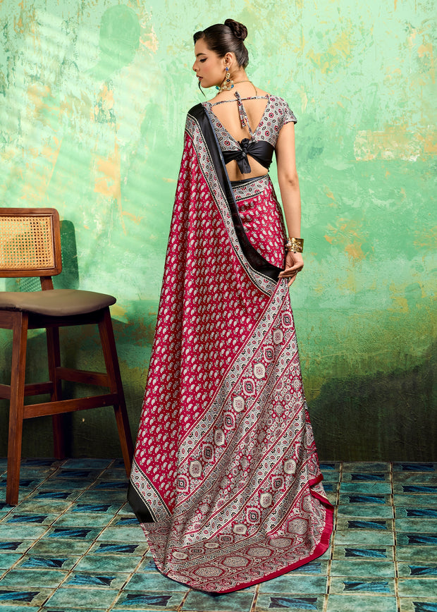 Scarlet Red Printed Satin Silk Saree