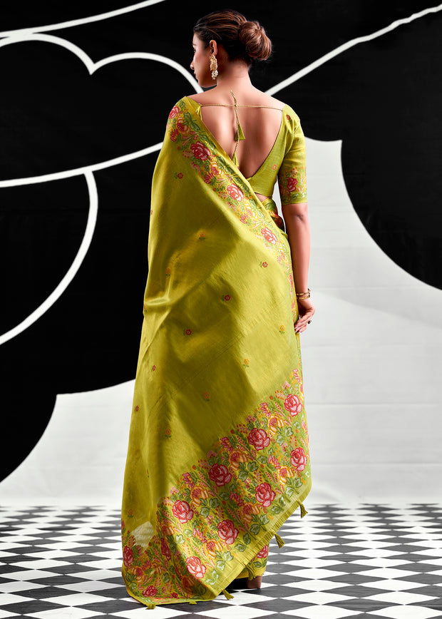 Lime Green Woven Tissue Silk Saree