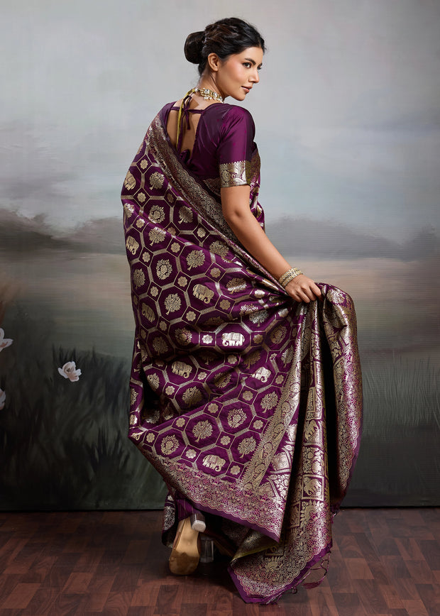 Plum Purple Woven Banarasi Silk Saree