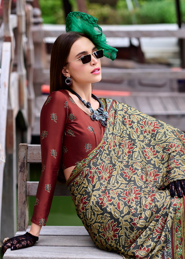 Drizzle Grey Satin Crepe Digital Printed Saga Saree With Contrast Blouse