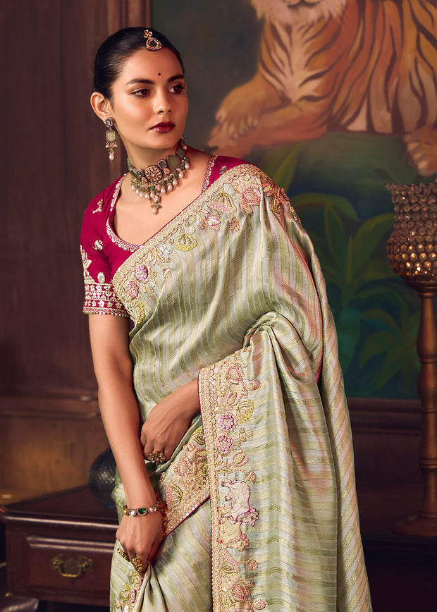 Mist Green Designer Embroidered Saree