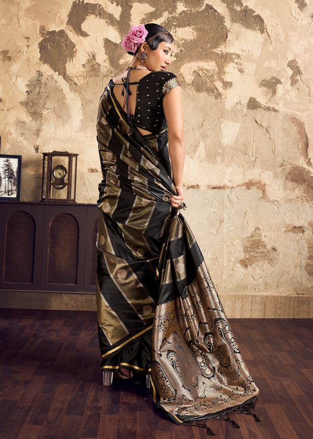 Black And Golden Rangkat Satin Silk Saree