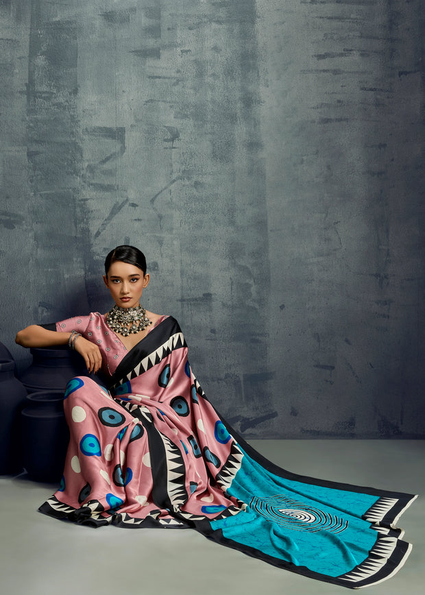 Peach Pink Printed Satin Silk Saree