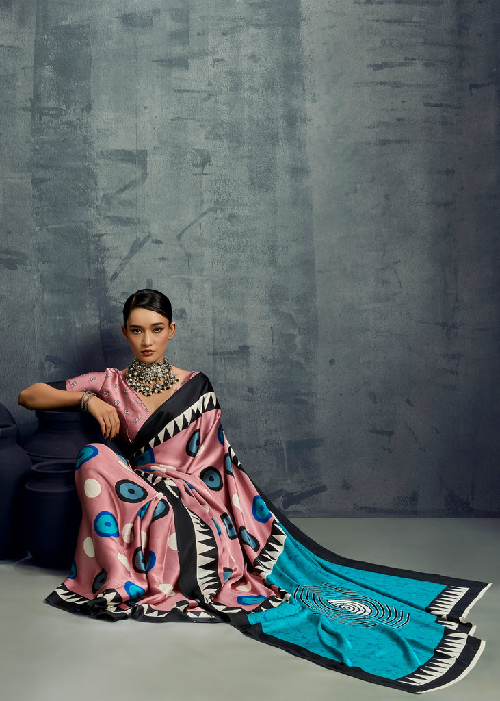 Peach Pink Printed Satin Silk Saree