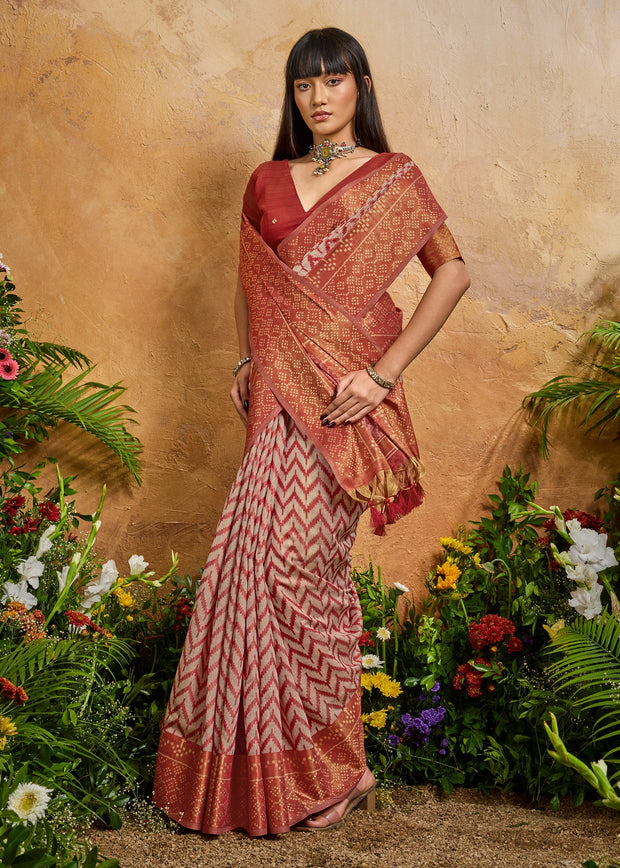 Earth Red Printed Patola Silk Saree