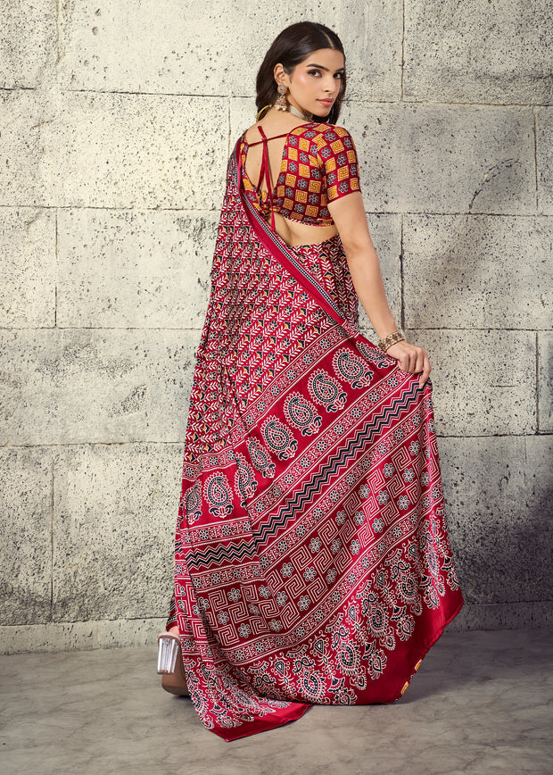 Red Printed Satin Silk Saree