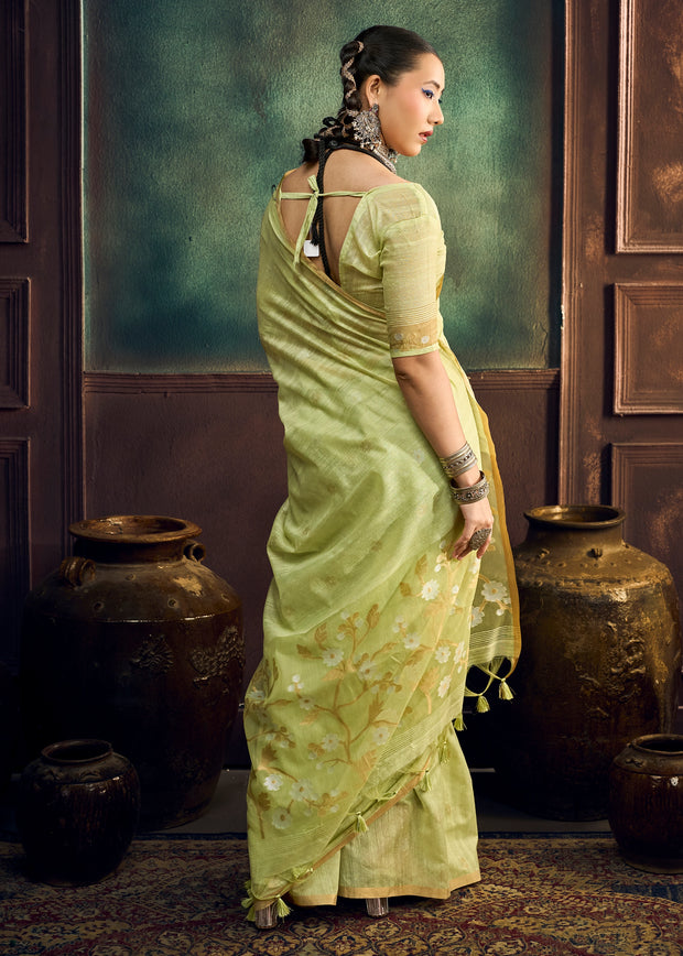 Pastel Green Woven Munga Cotton Silk Saree