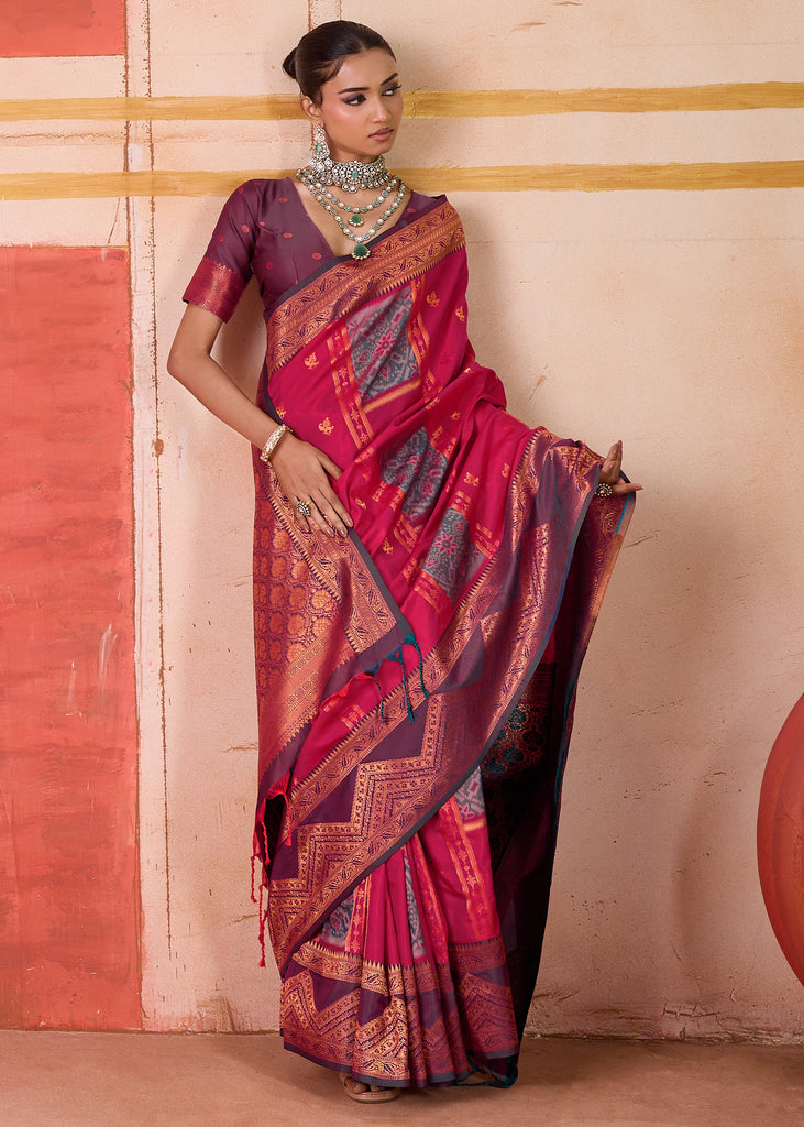 Raspberry Pink Dual Tone Bronze Zari Woven Banarasi Silk Saree