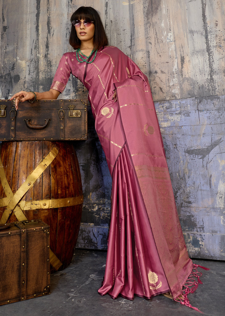 Mauve Pink Woven Banarasi Satin Silk Saree