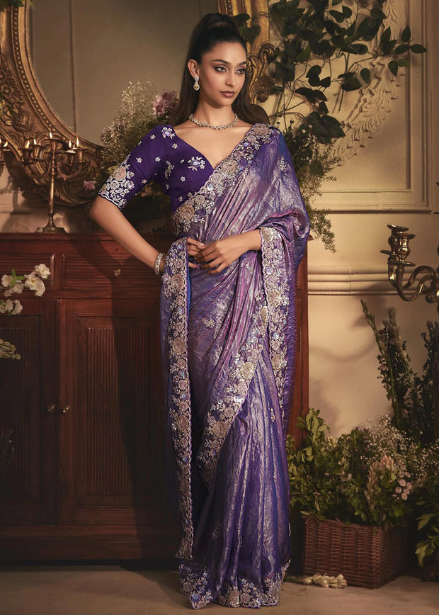Grape Purple Designer Tissue Organza  Saree