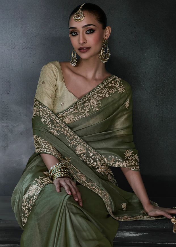 Olive Green Embroidered Designer Saree