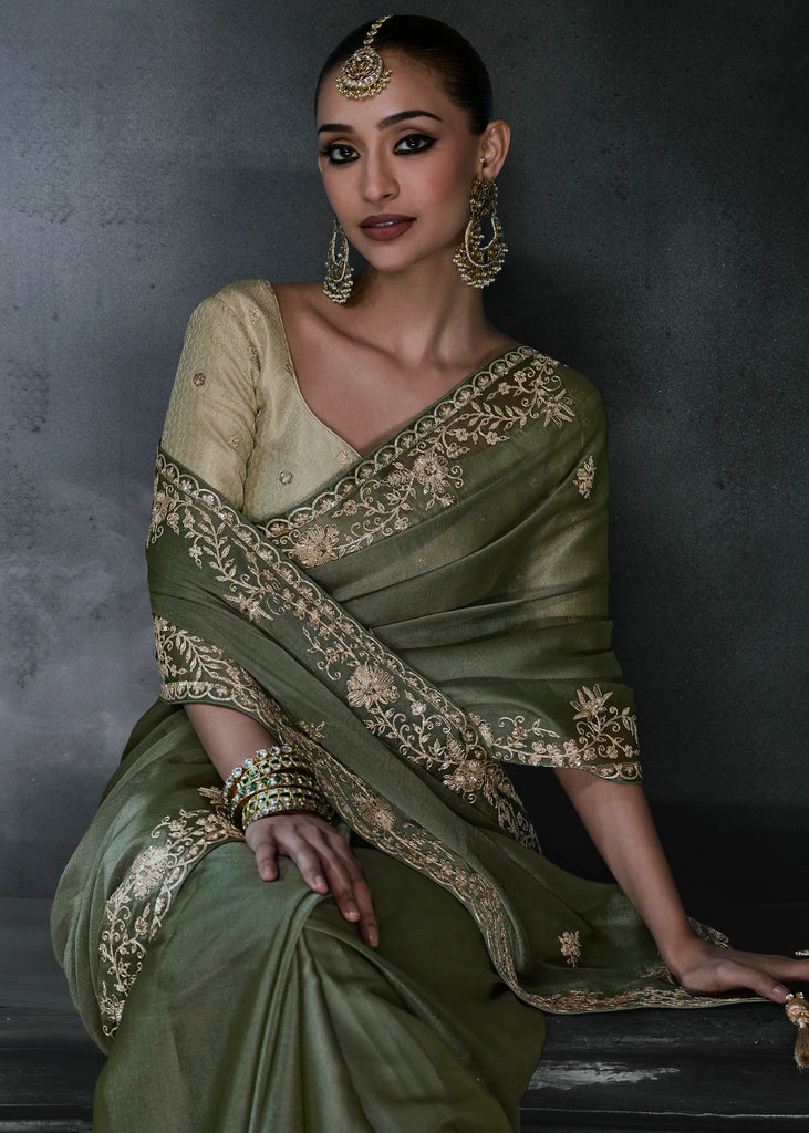Olive Green Embroidered Designer Saree