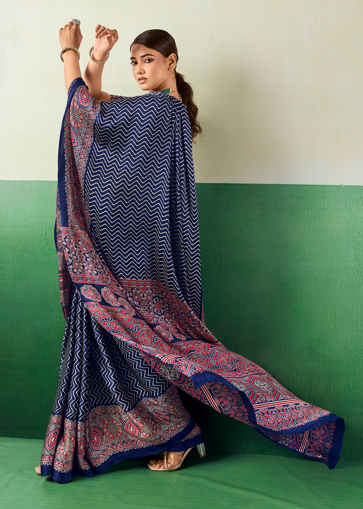 Denim Blue Printed Satin Silk Saree