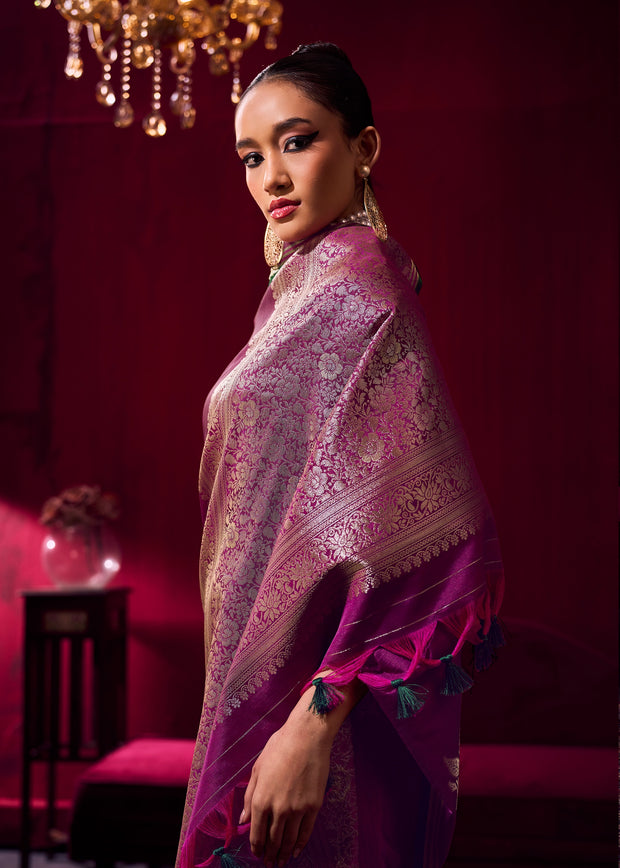 Phlox Purple Woven Banarasi Satin Linen Silk Saree