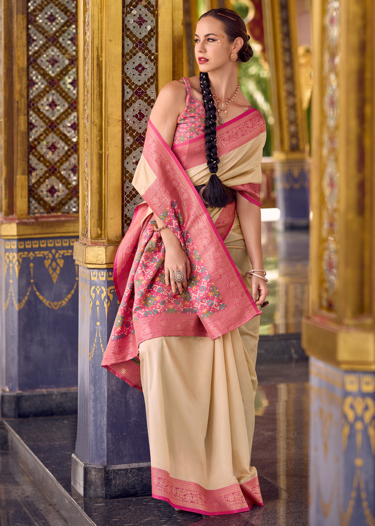 Cream Beige Woven Banarasi Silk Saree
